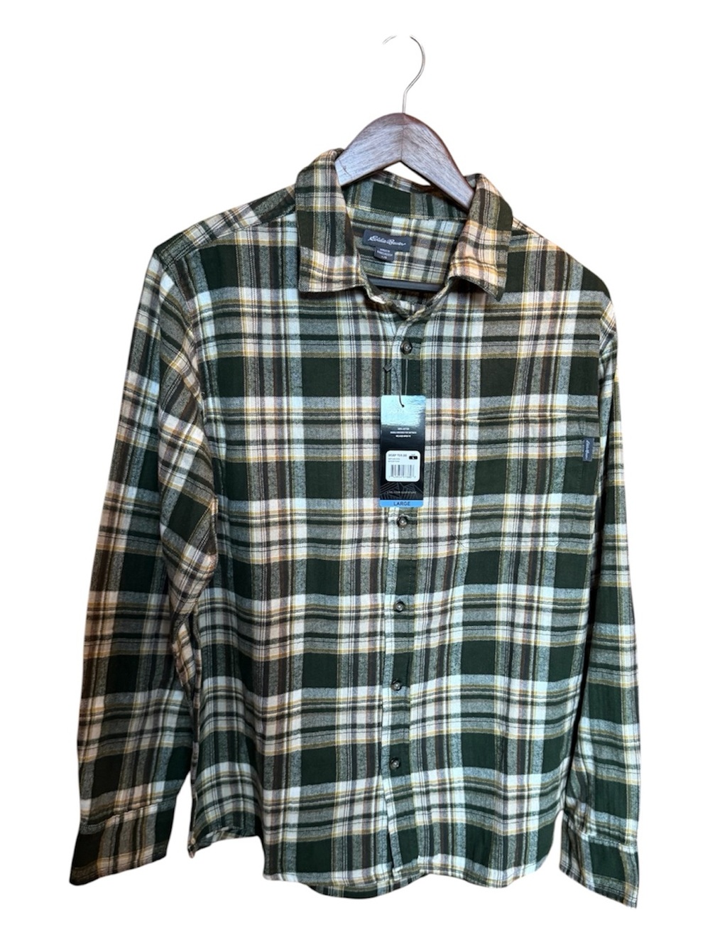 Eddie Bauer Men's Green Plaid Button-Up Shirt.  Size Large  NWT (New With Tags)